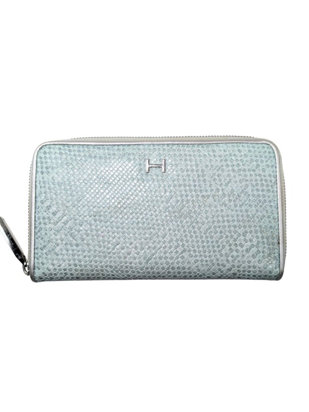 Halston Light Blue Silver Woven Vegan Leather Large Zippy Continental Wallet